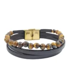 دستبند سنگ چشم ببر به همراه 2 بند چرمی لبتا چرم قهوه ای با پس زمینه سفید