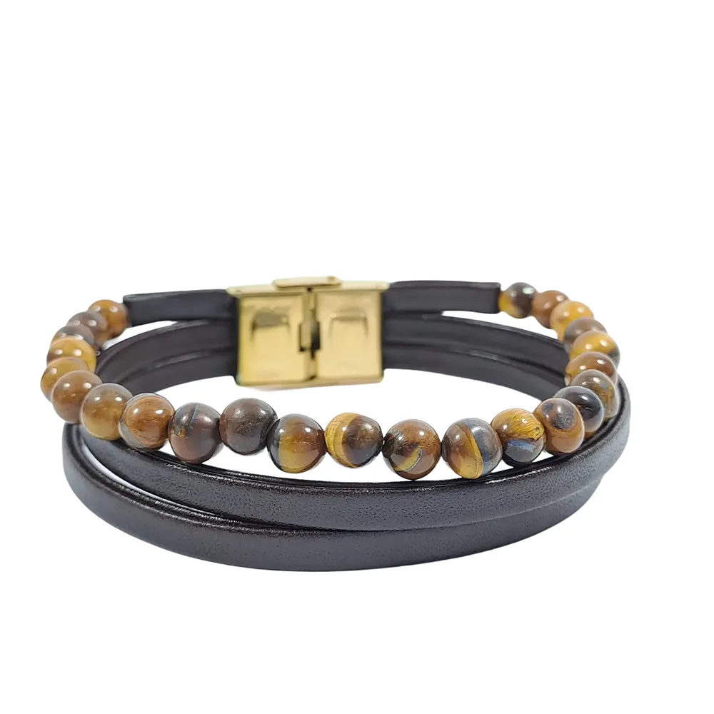 دستبند سنگ چشم ببر به همراه 2 بند چرمی لبتا چرم قهوه ای با پس زمینه سفید