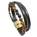 دستبند سنگ چشم ببر به همراه 2 بند چرمی لبتا چرم قهوه ای با پس زمینه سفید به صورت ایستاده