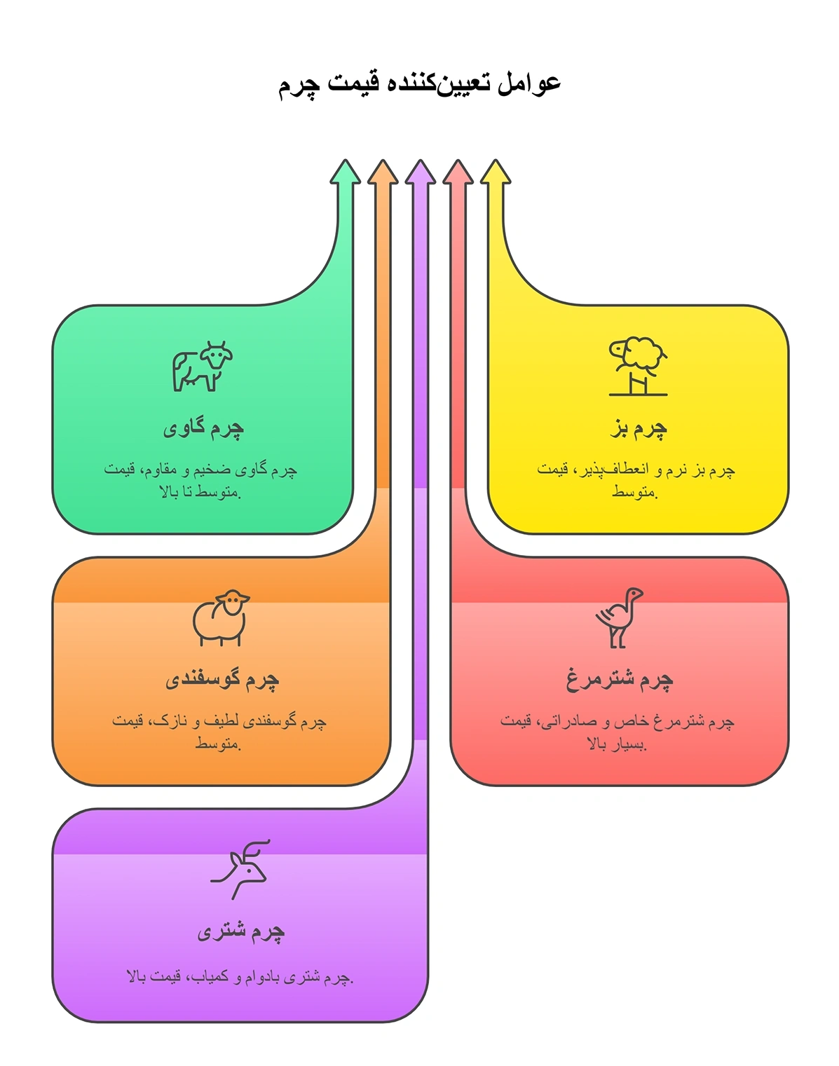مقایسه قیمت انواع چرم طبیعی شامل چرم گاوی، بزی، گوسفندی، شترمرغ و شتری به همراه ویژگی‌ها و قیمت نسبی هر نوع چرم
