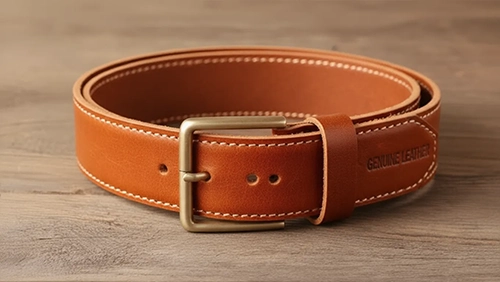 لیبل یا تگ Genuine Leather روی کمربند چرم طبیعی